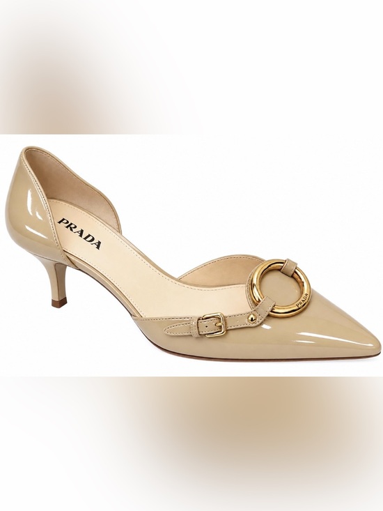 Prada Shoes - Prada Beige Patent Leather Pointed Toe Pumps with Gold Ring